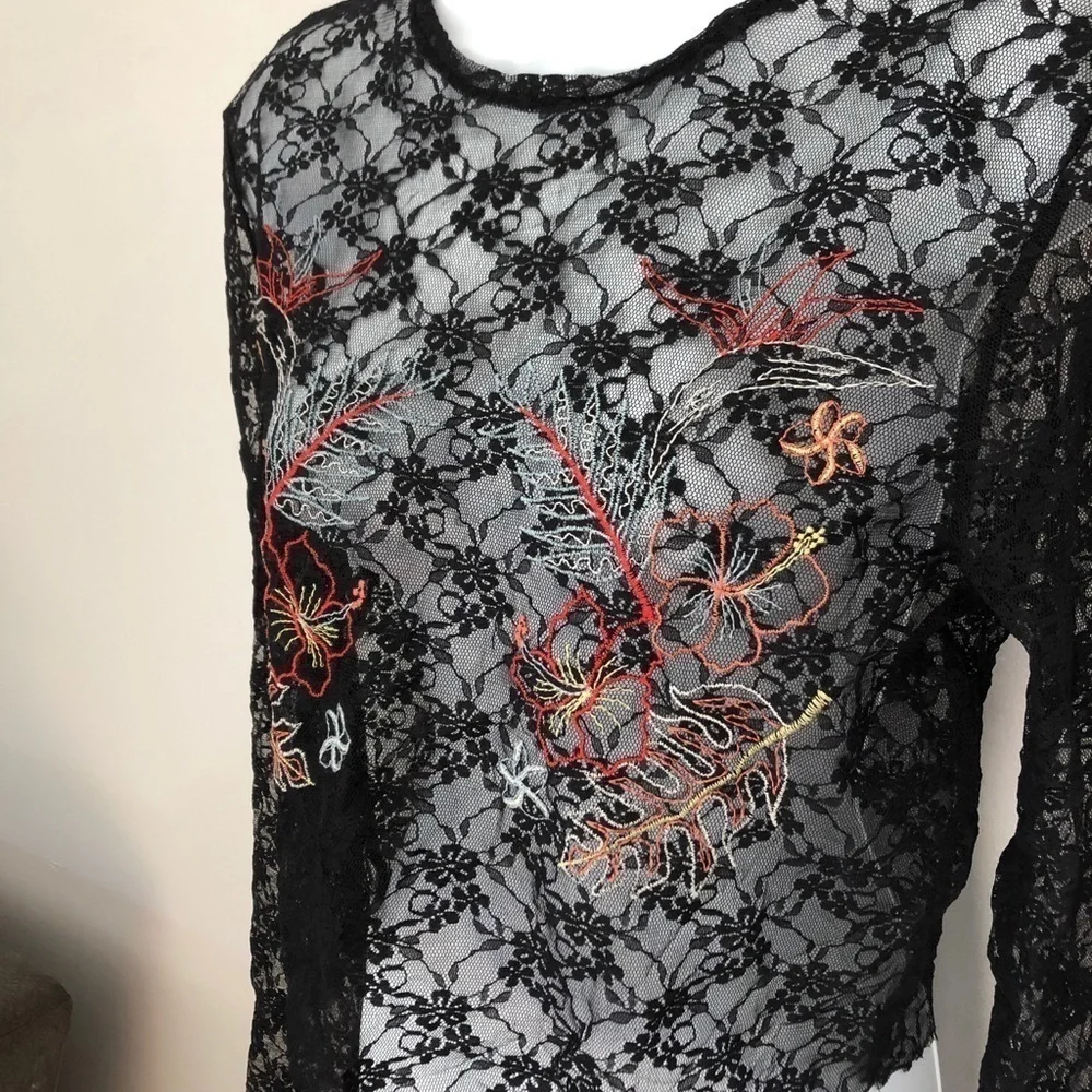 Zara Trafaluc lace sheer long sleeve cropped embroidered shirt